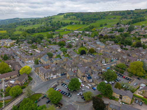 This aerial drone photo shows the small village of Pateley Bridge in the Yorkshire Dales National Park, England. Pateley Bridge is a very touristic village. 