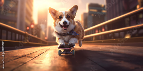 dog riding a skateboard in a city in the style. Generative AI