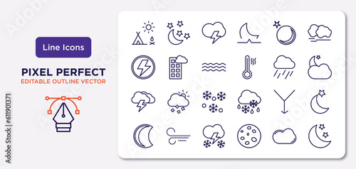 weather outline icons set. thin line icons such as indian summer, new moon, mist, thunderbolt, convergence, thundersnow, cumulus, night vector.