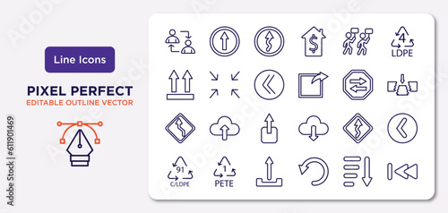 user interface outline icons set. thin line icons such as exchange personel, industrial action, double arrows, left reverse curve, curvy road ahead, upload button, sorting, rewind vector.