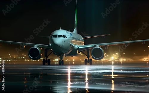 Passengers airplane landing to airport runway on night