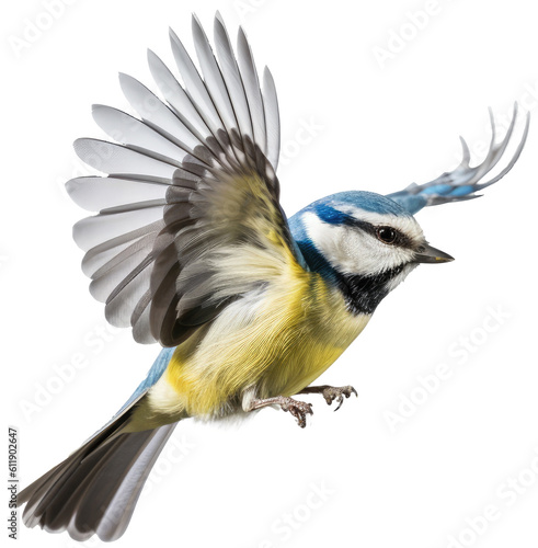 Flying blue tit isolated on a white background, generative AI