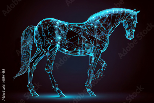 Neural network of a horse with big data and artificial intelligence circuit board in the body of the equine animal, outlining concepts of a digital brain, computer Generative AI stock illustration
