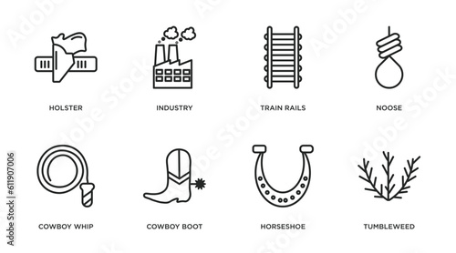 desert outline icons set. thin line icons such as holster, industry, train rails, noose, cowboy whip, cowboy boot, horseshoe, tumbleweed vector.