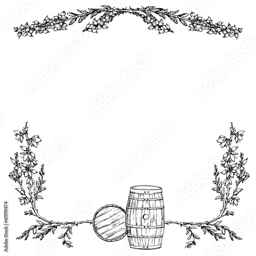 Ink hand drawn vector illustration. Scotland symbols. Scotch scottish whisky whiskey wooden barrels and heather plant flower border. Square frame. Design for tourism, travel, brochure, booklet, print.
