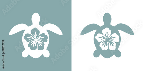 Logo vacaciones en Hawái. Silueta de flor de hibisco en tortuga marina