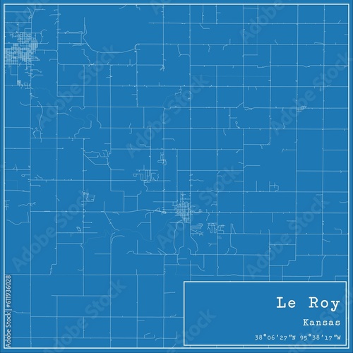 Blueprint US city map of Le Roy, Kansas.
