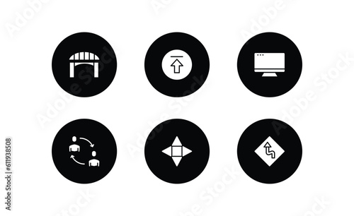 user interface filled icons set. user interface filled icons pack included bridge, upload button, display, exchange personel, navigation arrows, left reverse curve vector.