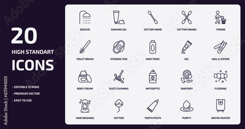 hygiene outline icons set. hygiene thin line icons pack such as douche, cotton swabs, hygienic pad, body cream, cotton, tooth paste, purity, water heater vector.
