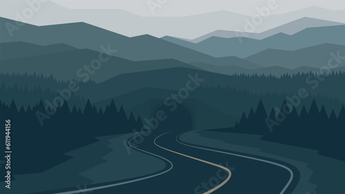 The mystical scene of the road entering a tunnel inside the mountains. Dark horizontal illustration.