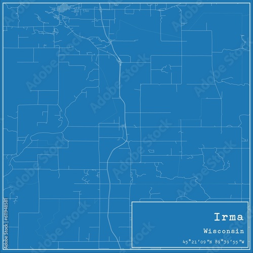 Blueprint US city map of Irma, Wisconsin.