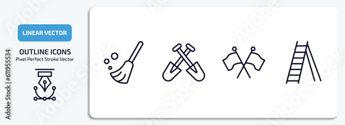construction outline icons set. construction thin line icons pack included sweeping broom, two shovels, flags crossed, double ladder vector.