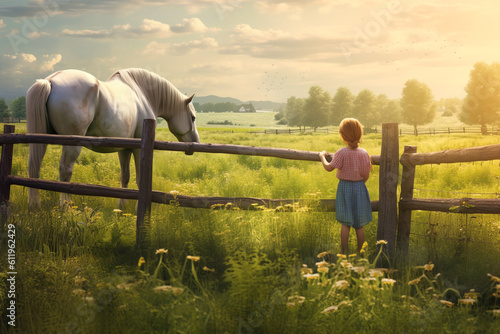 Rural summer countryside landscape illustration with a horse on a pasture and a child in front of the wooden fence, created with generative ai
