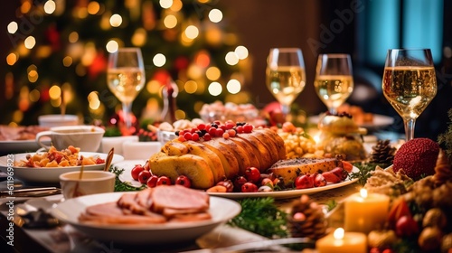 Christmas Dinner table full of dishes with food and snacks, New Year's decor with a Christmas tree on the background.