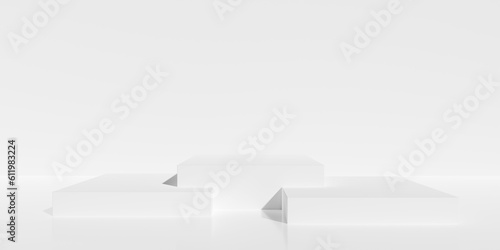 Three empty, blank, box shaped podiums or dais in white room background, minimal modern product or design placement template