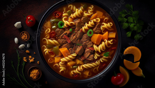 Top view of a stewed beef Hungarian goulash soup, Generative AI