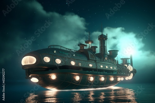 A large steam ship floating in the sea with lights on, in the style of futuristic victorian. Generative AI.