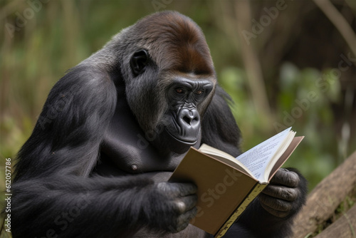 Generative AI. a gorilla is reading a book