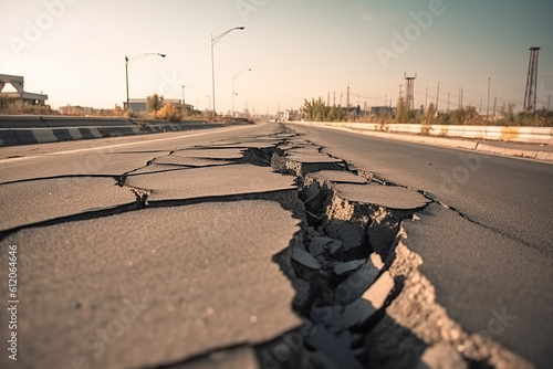 Asphalt road with long crack, earthquake effect causes ground to damaged, Broken road by nature, Asphalt road collapsed and fallen, created with Generative AI