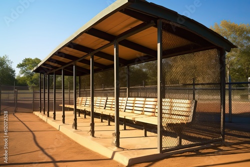 Sunny Baseball Field Dugout with Slanted Roof and Chain Link Fence for Sports and Softball games: Generative AI