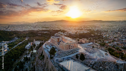 Aerial closeup view of the Parthenon Temple at the Acropolis of Athens, Greece, during summer sunset time