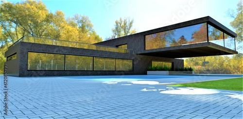Ultra-modern building in an autumn park. Dark brick exterior finish. Sunlight reflections on the ground. 3D rendering.
