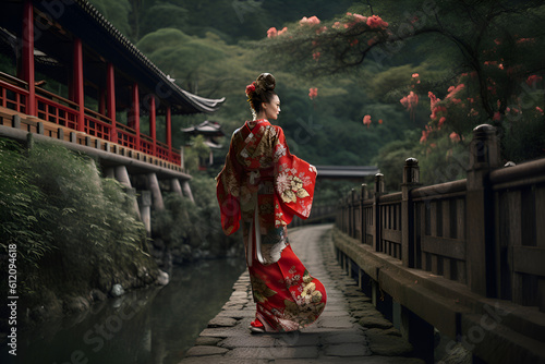 A Japanese geisha in a traditional costume walks in the park, Generative AI 4