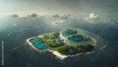 Aerial view of small exotic atoll islands in the open ocean sea. Beautiful nature landscape. Generative AI