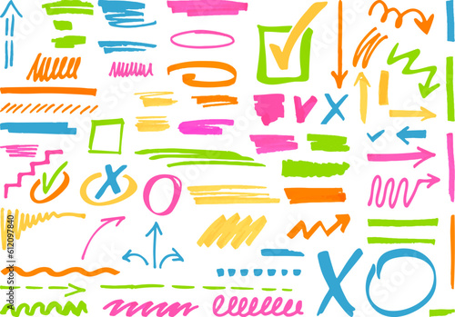 Highlighter vector marks, highlighting pen different lines and symbols. Permanent marker for text select, isolated doodle strokes neoteric vector set