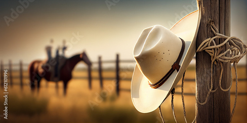 A cowboy hat and lasso hang from the ranch's wooden fence. AI generated.