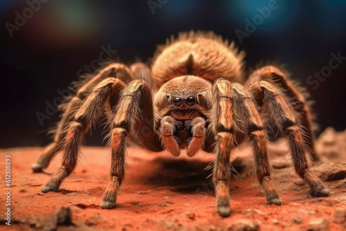 Majestic tarantula close-up, arachnid known for its fearsome hairy appearance, formidable size and venomous fangs. Generative AI.