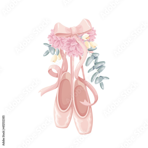Ballet slippers with flowers vector illustration. Cartoon isolated classic ballerina shoes hanging with silk ribbon and bow and pretty floral decoration, pink pointes of dancer for ballet performance