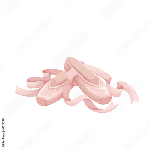 Ballet shoes vector illustration. Cartoon isolated pink ballet slippers with ribbons and points, pair of pointe shoes for professional ballerina classic dance to music, satin elegant footwear