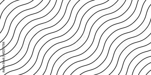 Wavy lines seamless pattern. Undulate stripes repeating background. Black and white diagonal waves texture. Bent and curved linear wallpaper. Textile and guilloche swatch design template. Vector