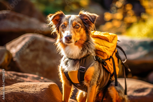 A dog with a backpack and a map, symbolizing the spirit of adventure and the exploration of new experiences that dogs inspire in us.
