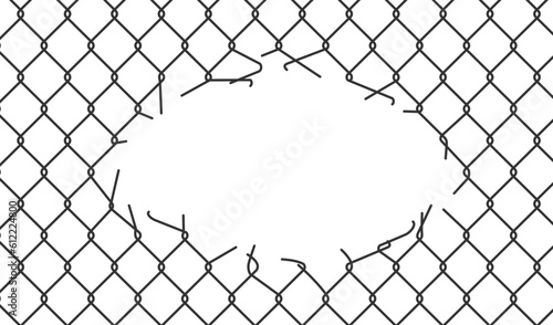 Broken wire mesh fence. Rabitz or chain link fence with cut hole. Torn wire pirson mesh texture. Cut metal lattice grid. Vector illustration isolated on white background.