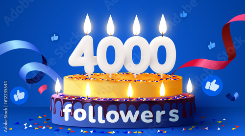 4k or 4000 followers thank you. Social Network friends, followers, subscribers and likes. Birthday cake with candles.