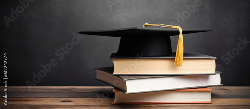 Graduation hat and stack of study books. Concept of learning, education and graduation Generative AI