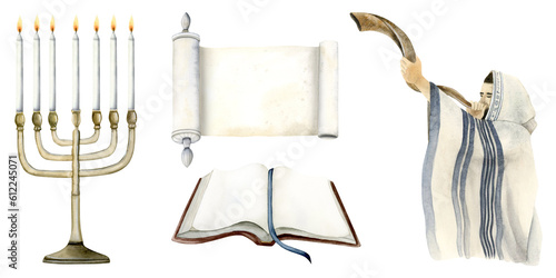 Yom Kippur watercolor illustration set for Day of Atonement with Jewish man blowing shofar horn, Torah book and scroll, menorah with candles isolated on white background