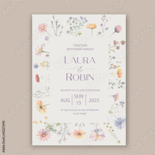 Garden Flowers Wedding Invitation Card Design, Wildflower Wedding Invite, Colorful Spring Floral Invitation Card.