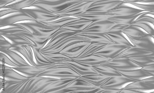 Curly waves tracery, chrome leaf curved, stylized abstract petals pattern. Abstract silver metallic background. Design wall panel with wavy surface. 3d rendering illustration