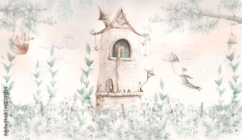 The princess in the tower in soft pink colours. llustration for wallpaper, mural, card, dpoter, interior decoration. Kids room.