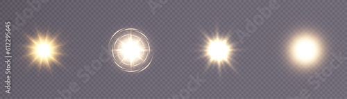 Set of light effects. A flash of warm light, a star on a transparent background. Sun, summer. light sunlight. Vector 