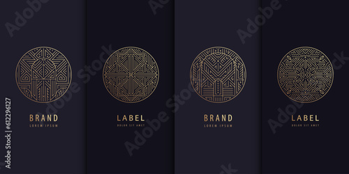 Vector set of golden label design patterns. Circle art deco logos, cosmetic, chocolate, tea, wine package. Luxury royal style, vintage fancy signs, premium design.