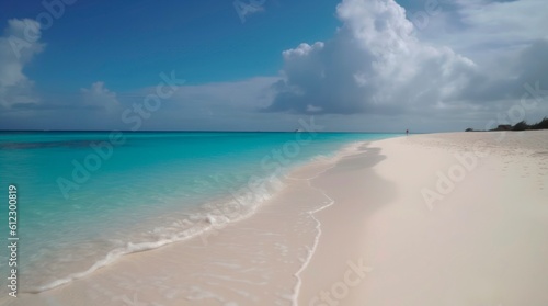 Sand beach and clear blue ocean on a sunny day. Generative AI.