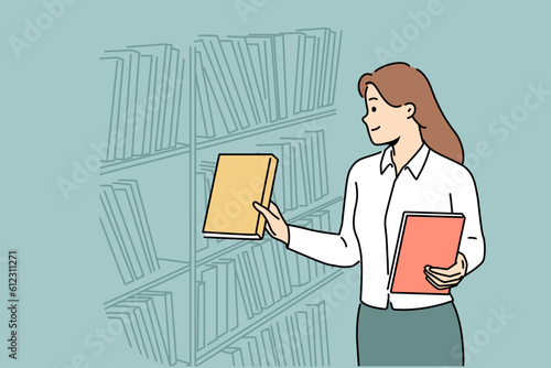 Female librarian put books on bookshelves. Woman working in library. Occupation and profession. Vector illustration. 