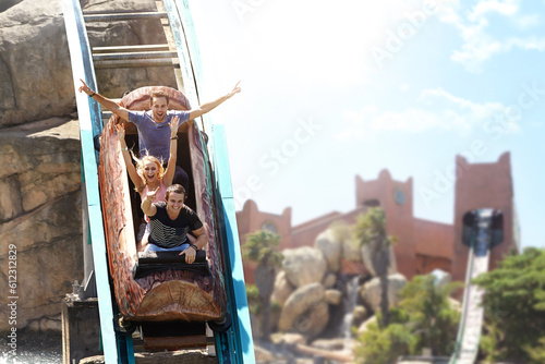 Enthusiastic friends cheering and riding log amusement park ride