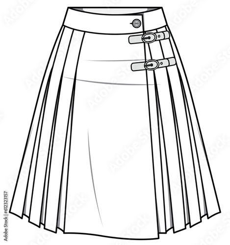 womens kilt skirt flat sketch vector illustration knee length pleated skirt technical cad drawing template