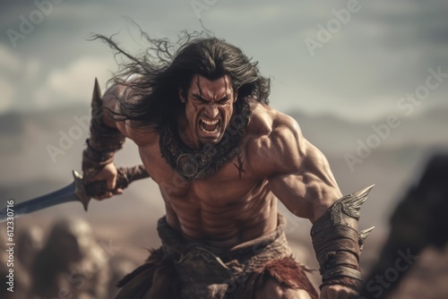 A dynamic image depicting barbarian engaged in a fierce battle, wielding his iconic sword and displaying his combat skills. Generative AI