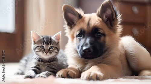 cute puppy german shepherd and tabby kitten best friends sitting on the floor in the living room and looking at the camera. generative ai
